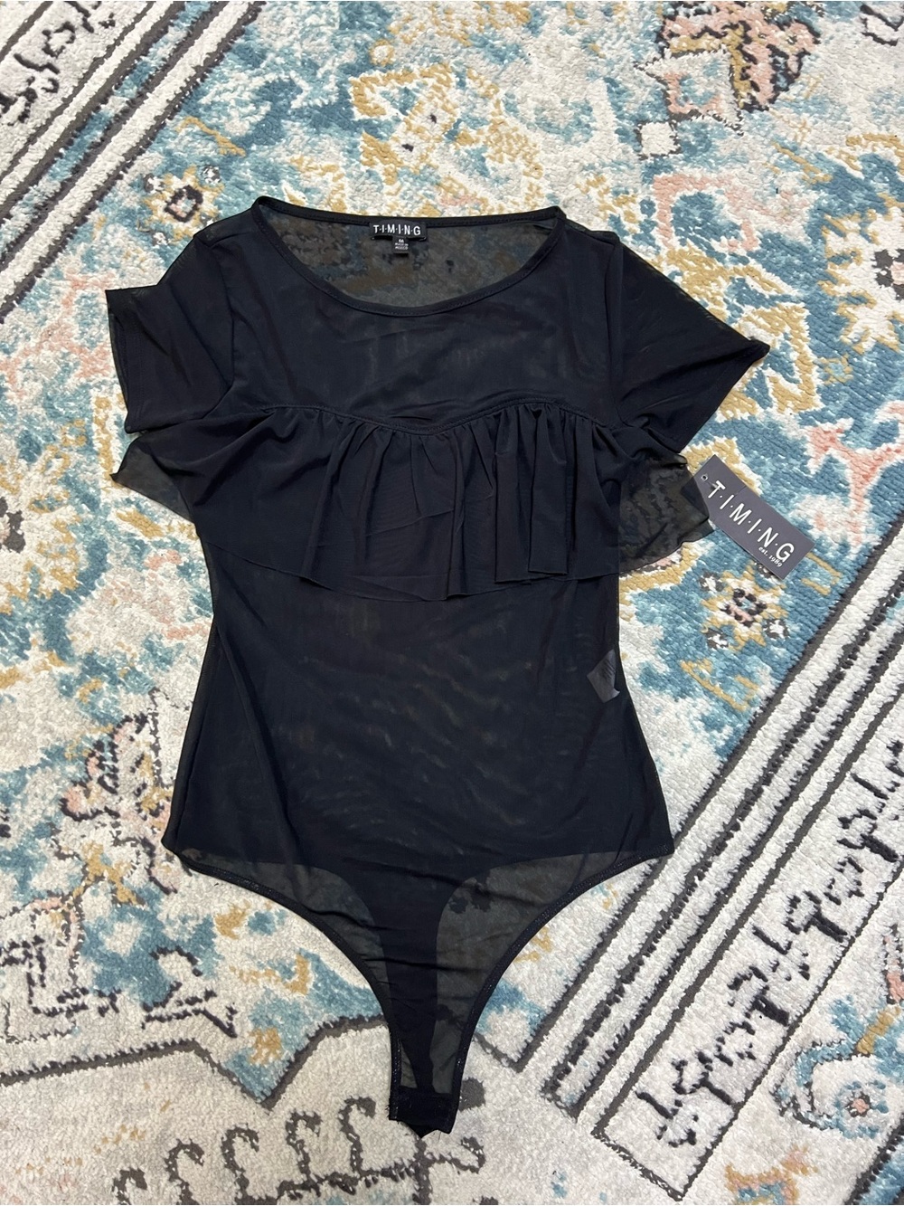 BNWT TIMING Black Short Sleeve Ruffle Mesh bodysuit